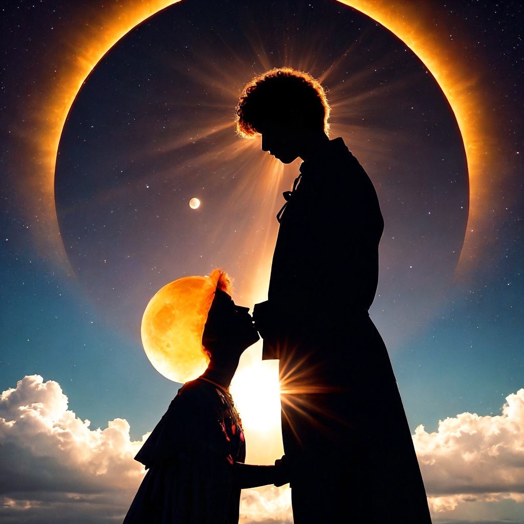 Silhouette of a couple with cosmic solar eclipse backdrop