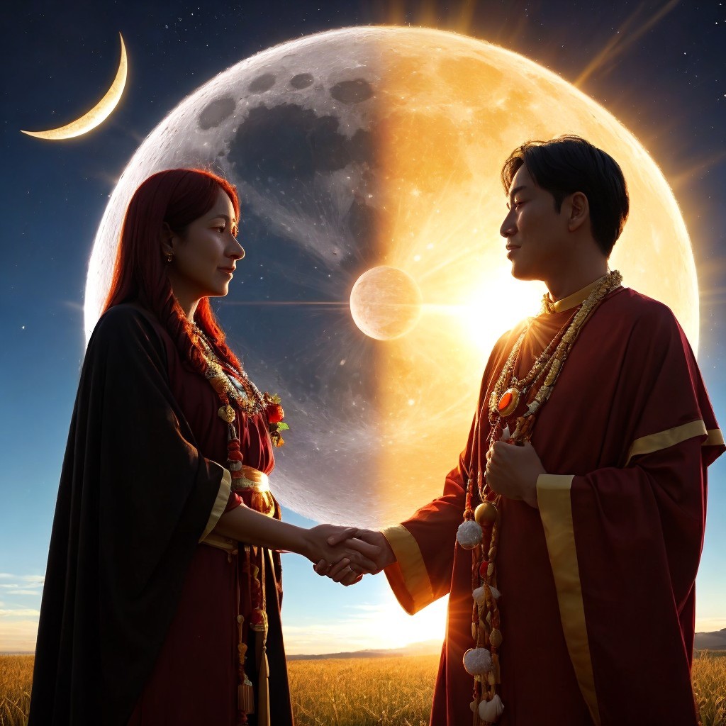 Serene Scene with Moon and Figures in Traditional Robes