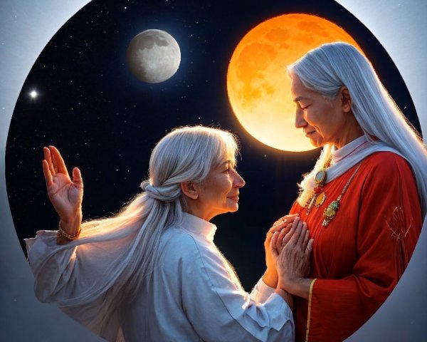 Women in Cosmic Setting with Moons and Stars