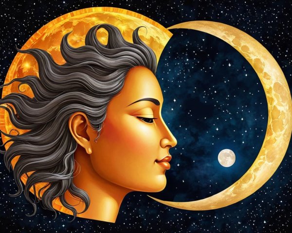 Celestial Scene with Sun, Moon, and Serene Woman