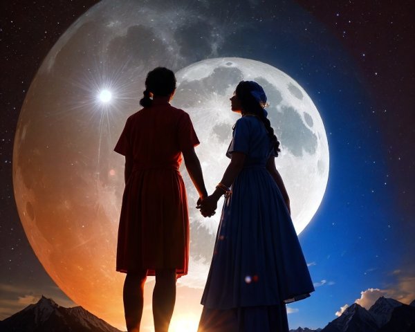 Silhouetted Figures Against a Glowing Moon Landscape