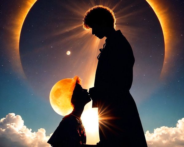 Silhouette of a couple with cosmic solar eclipse backdrop