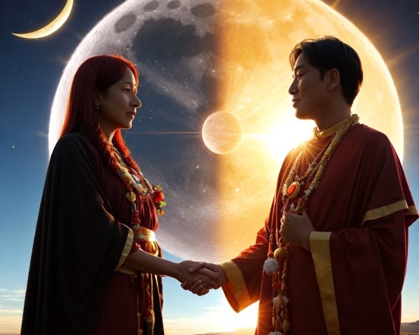 Serene Scene with Moon and Figures in Traditional Robes