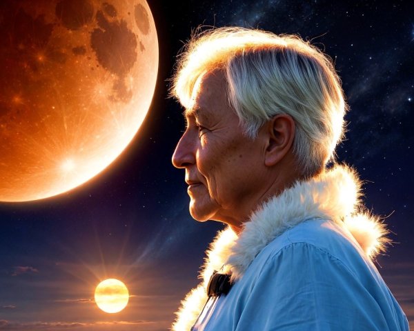 Elderly man gazing at moonlit night sky