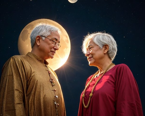 Couple Under Moonlit Sky in Traditional Attire