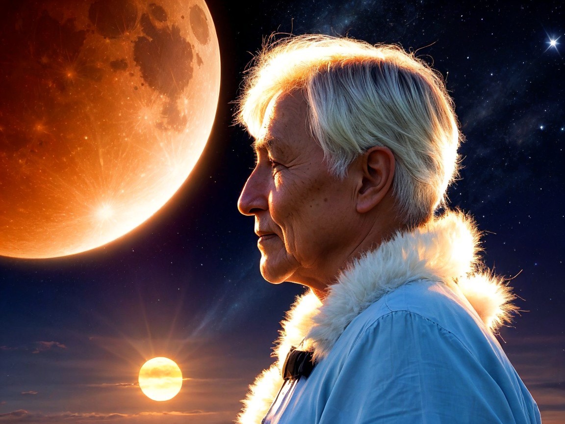 Elderly man gazing at moonlit night sky