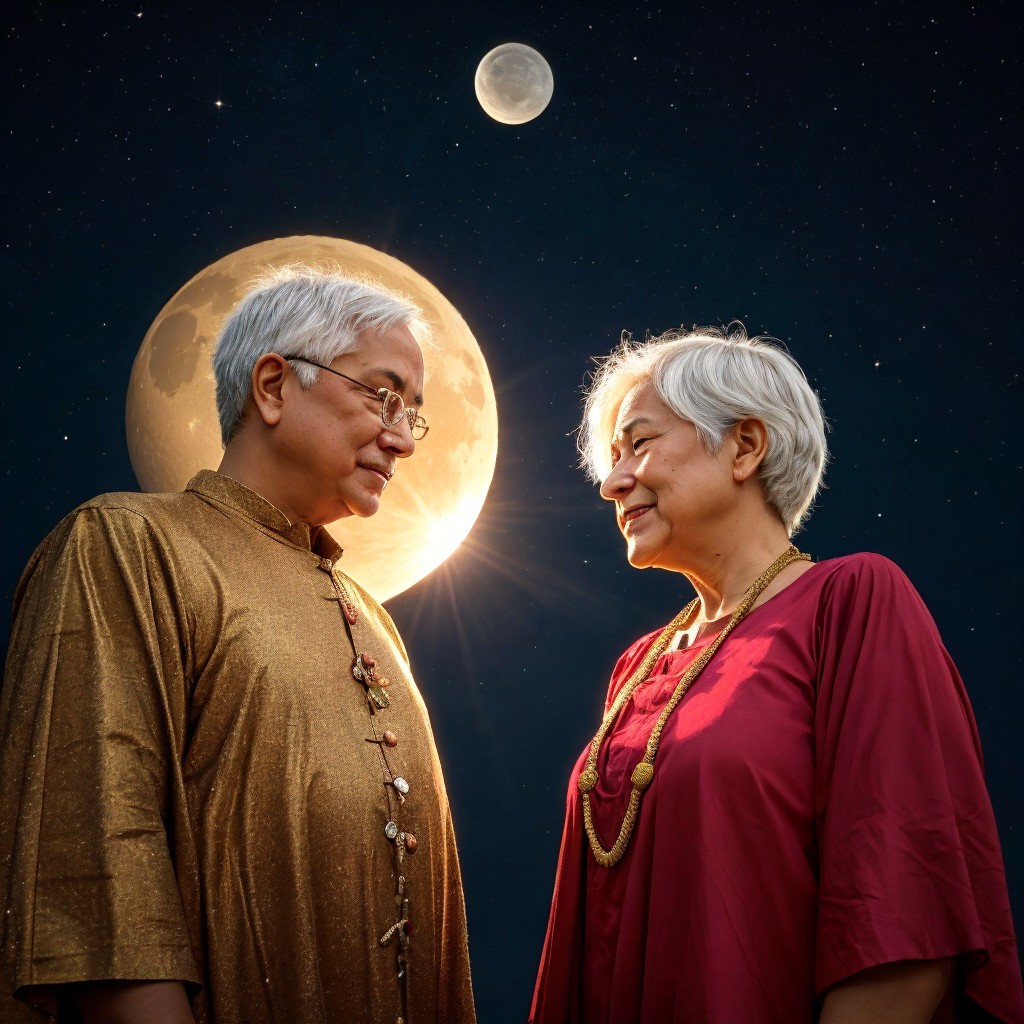 Couple Under Moonlit Sky in Traditional Attire