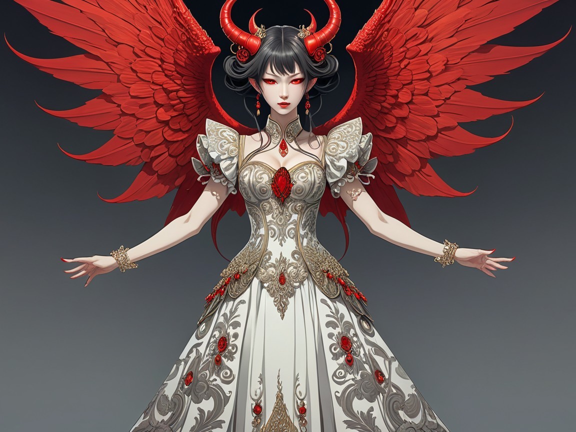Elegant figure with dark hair and red wings