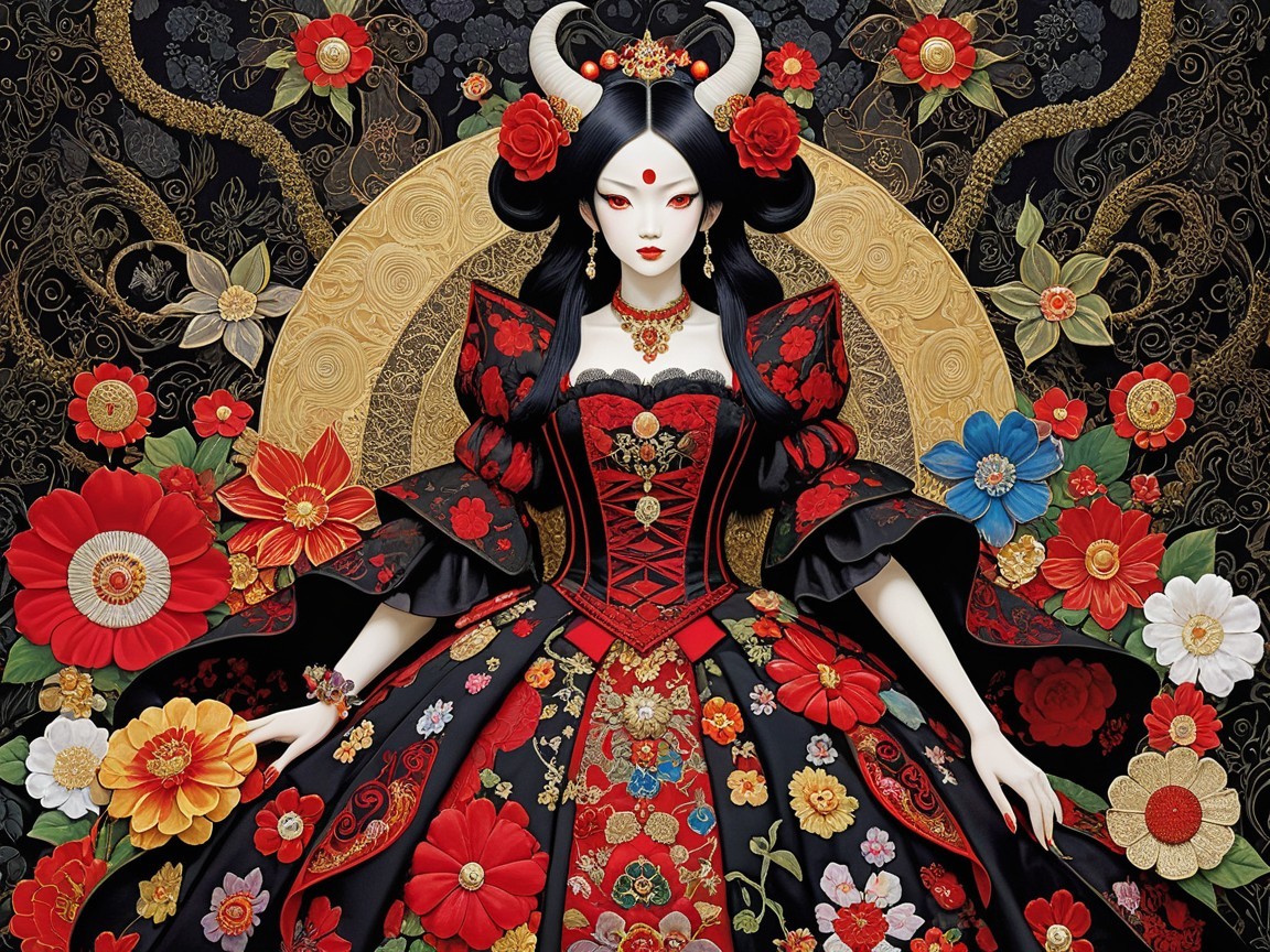 Elegant figure in black and red gown with floral patterns