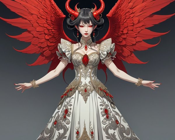Elegant figure with dark hair and red wings