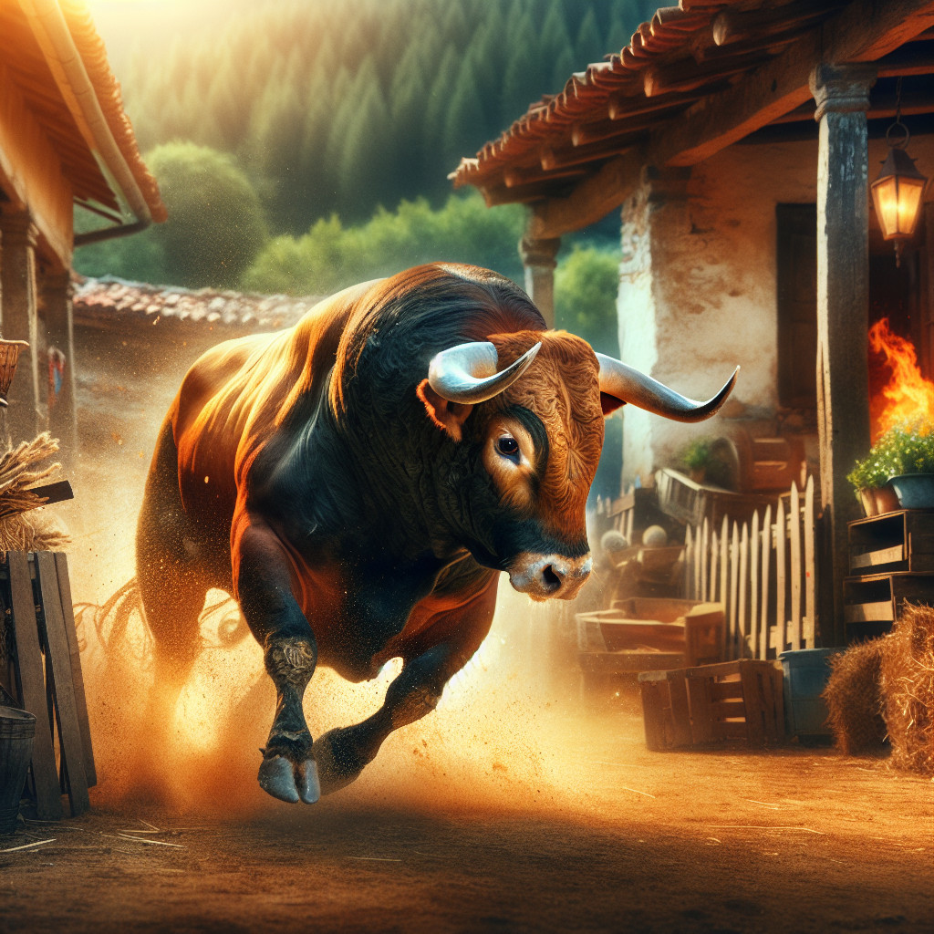 Bull Charging Through Rustic Village at Golden Hour