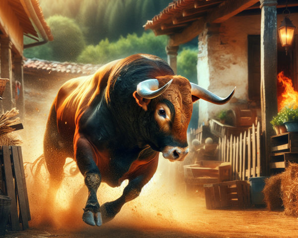 Bull Charging Through Rustic Village at Golden Hour