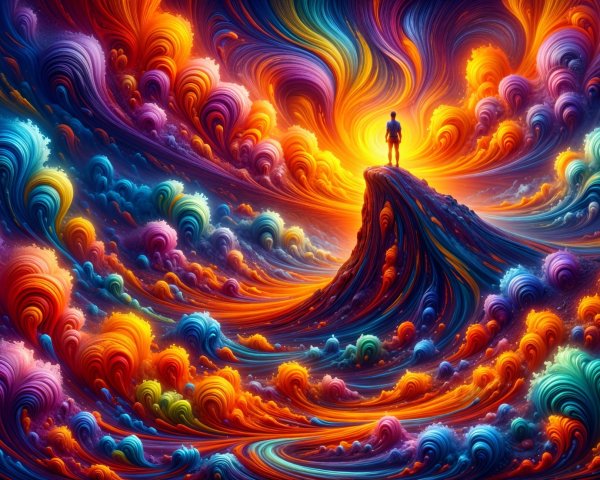 Lone Figure on a Colorful, Dreamlike Peak