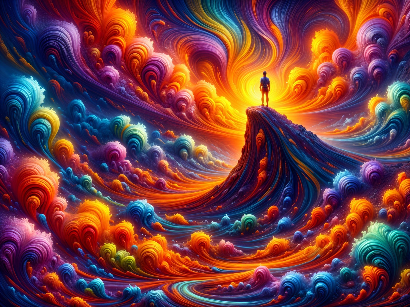 Lone Figure on a Colorful, Dreamlike Peak