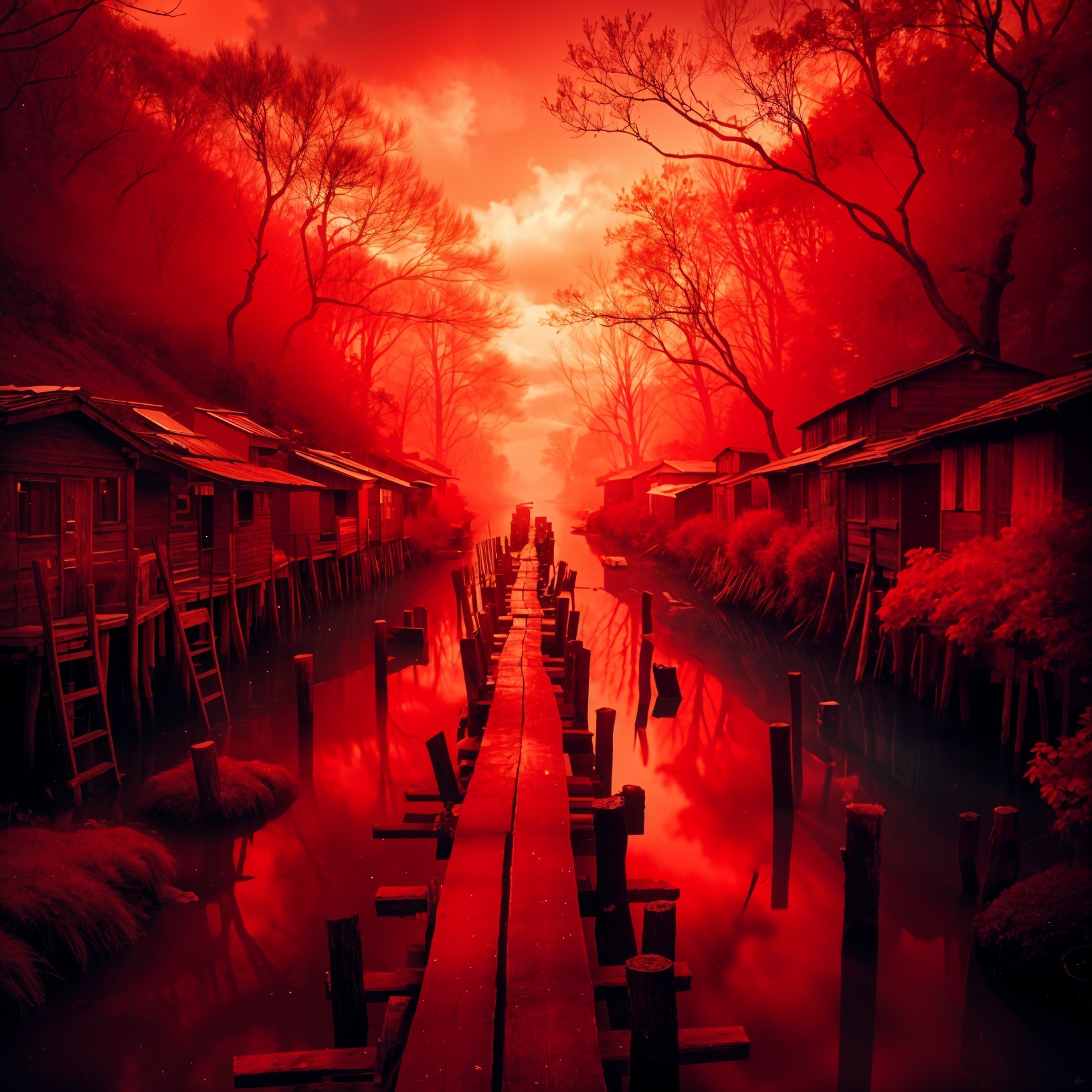 Misty River Landscape with Wooden Walkway and Shadows