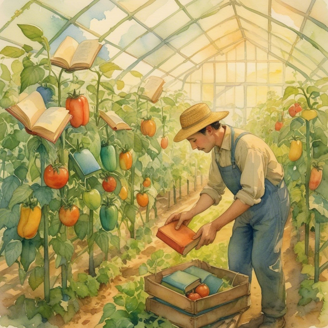 Colorful Bell Peppers and Books in a Greenhouse