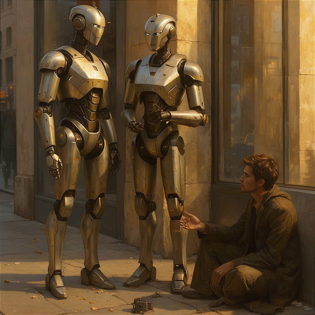 Humanoid Robots and Young Man in Urban Setting