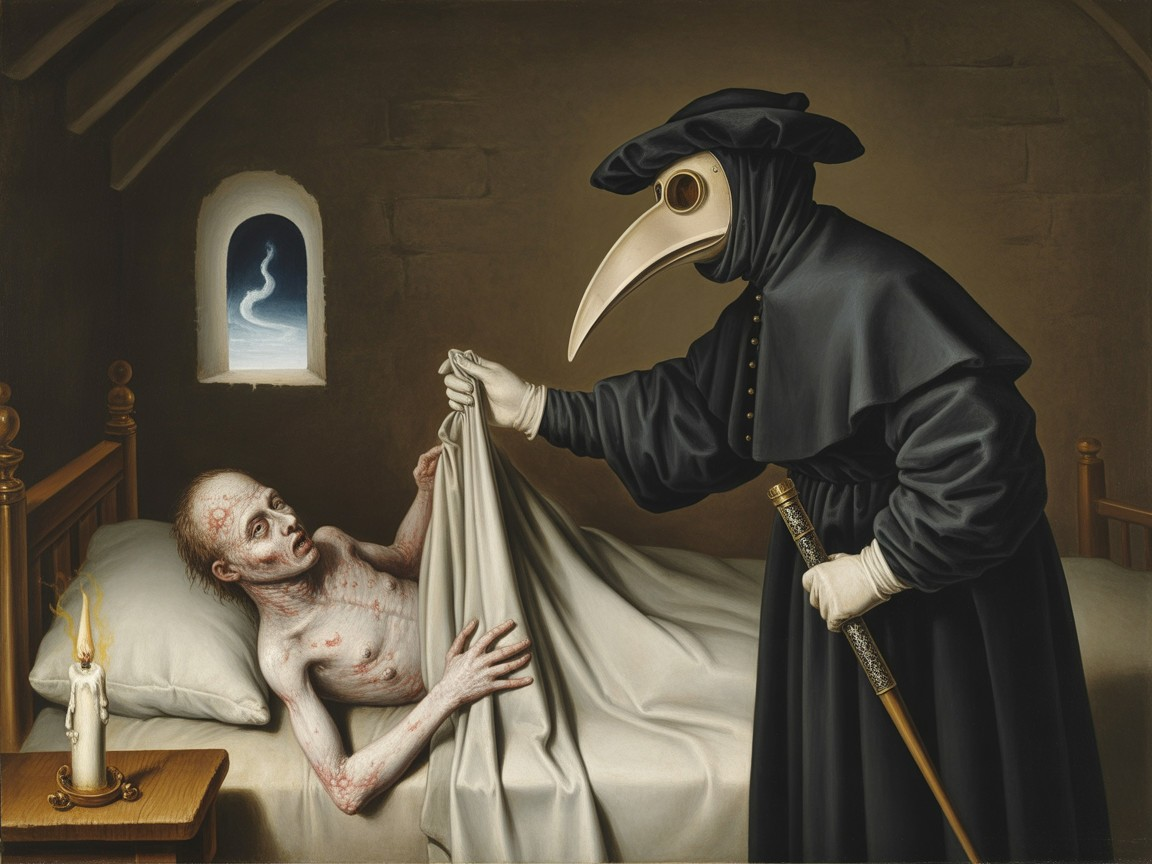 Dark Atmospheric Scene with Cloaked Figure and Illness