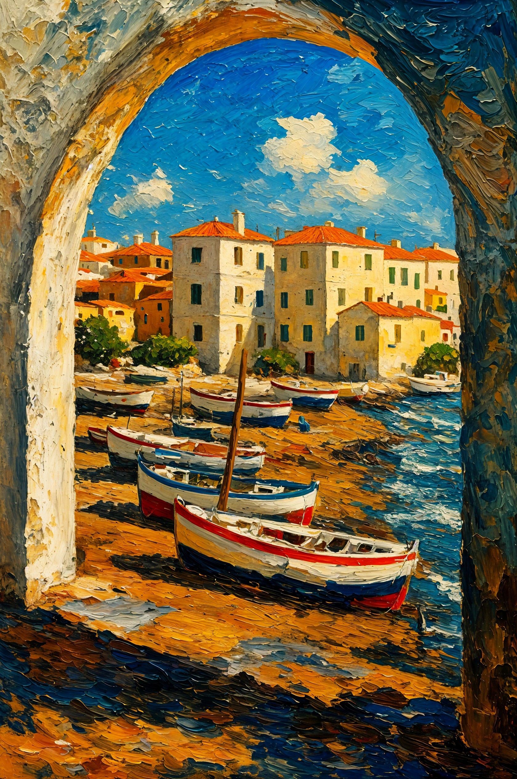 Impressionistic Coastal Scene Through Stone Entrance