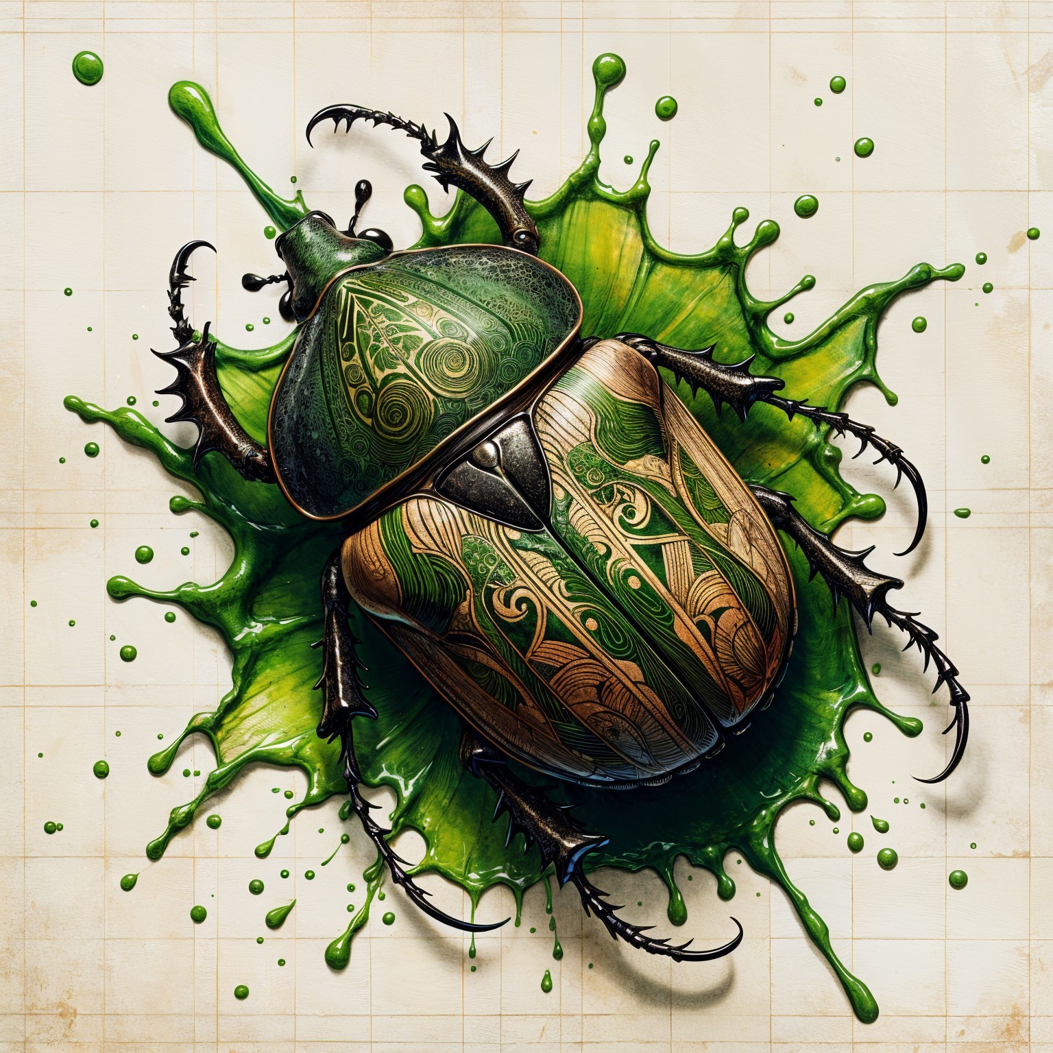 Detailed Beetle with Ornate Shell Against Green Background