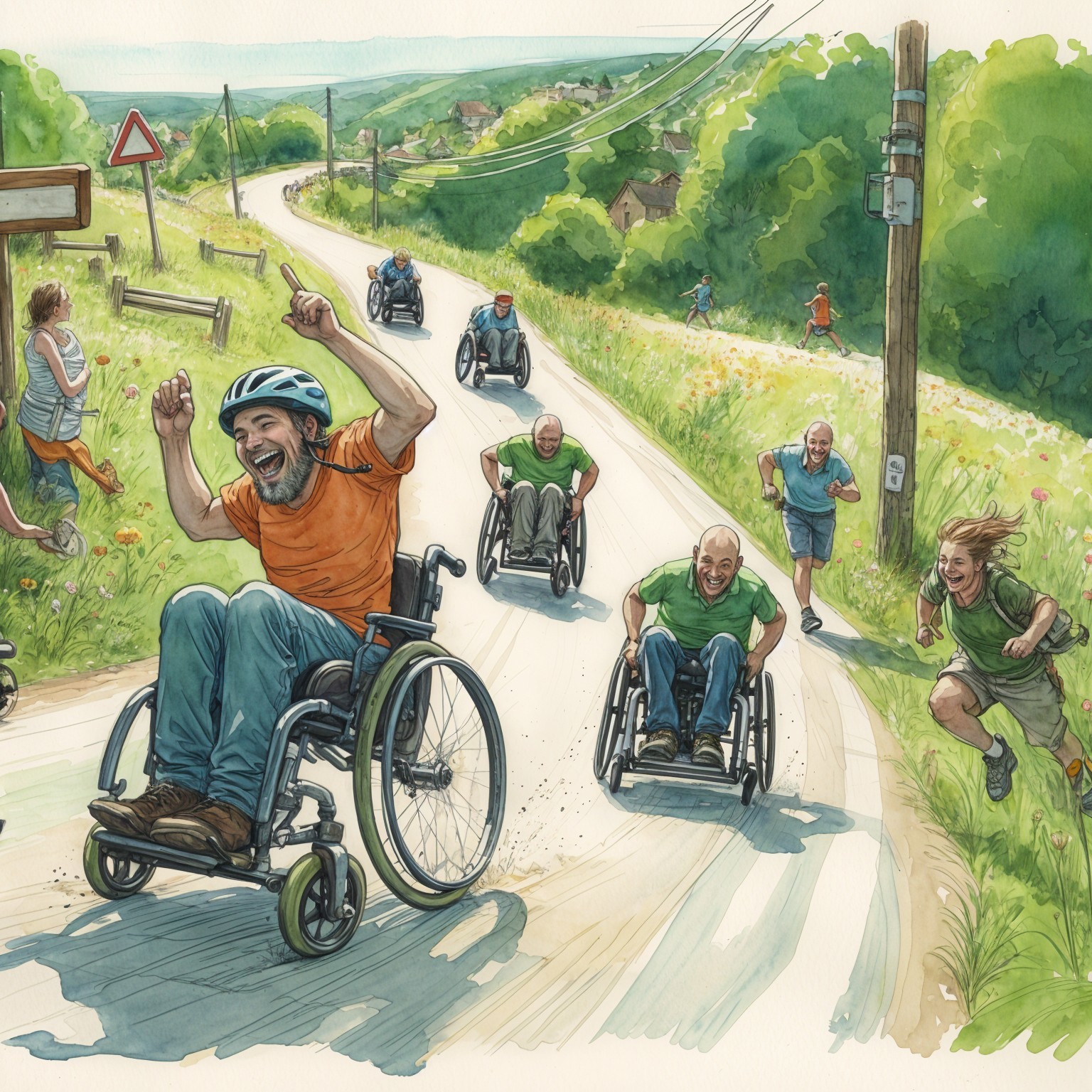 Colorful Illustration of Wheelchair Racing and Camaraderie