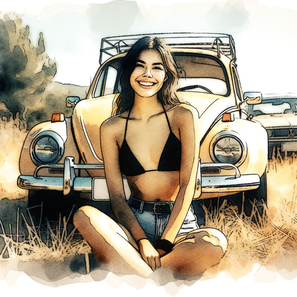 Young Woman in Bikini by Classic Yellow Beetle