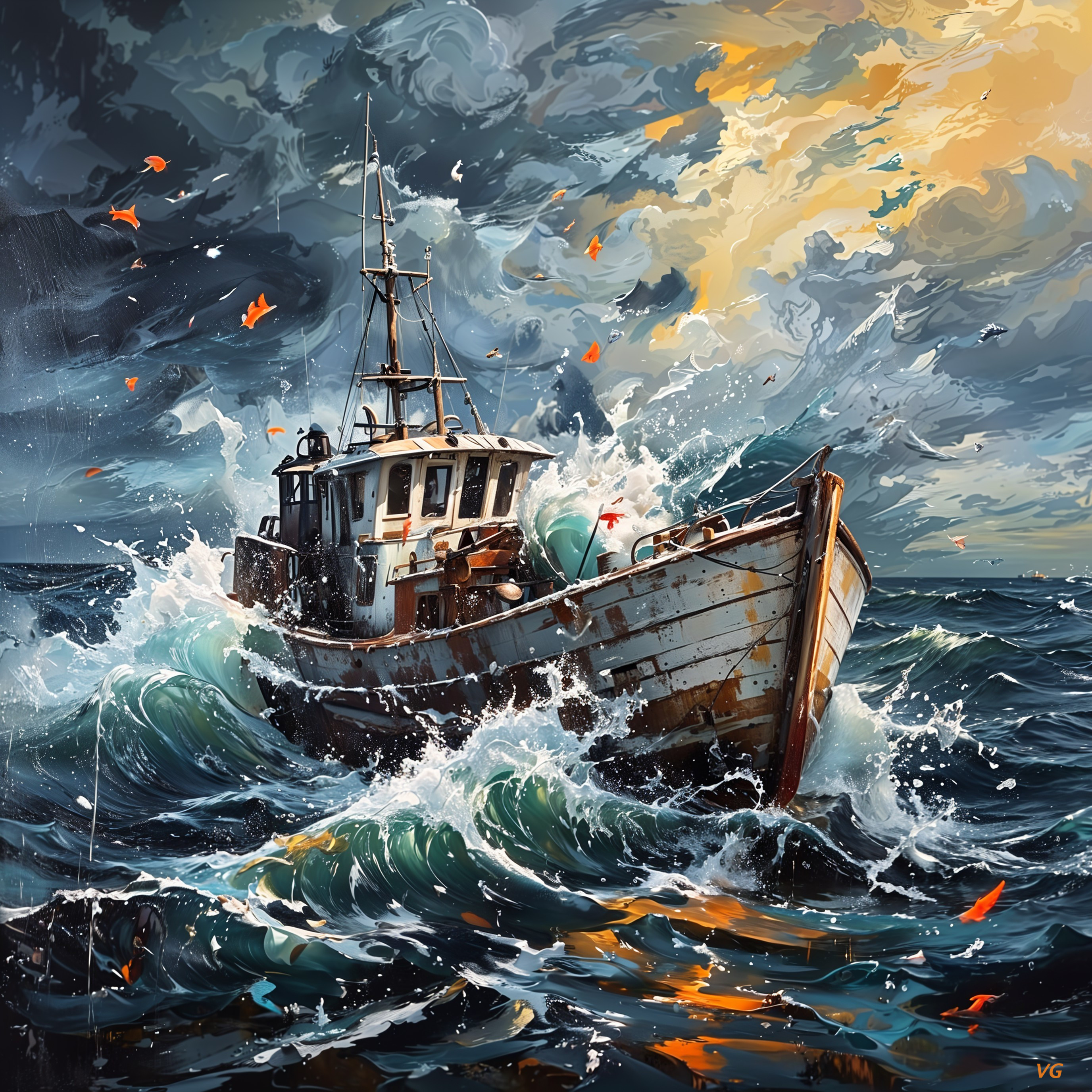 Fishing boat navigating stormy ocean waves at sunset