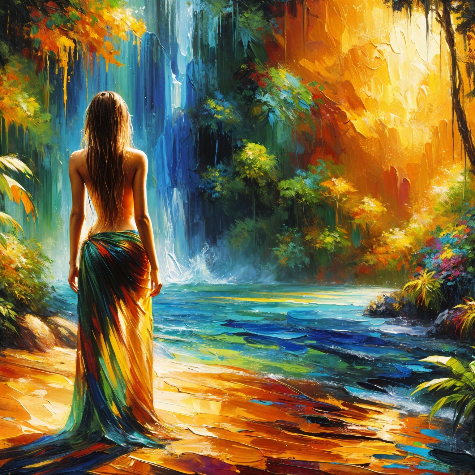 Figure in Colorful Garment Overlooking Vibrant Waterfall