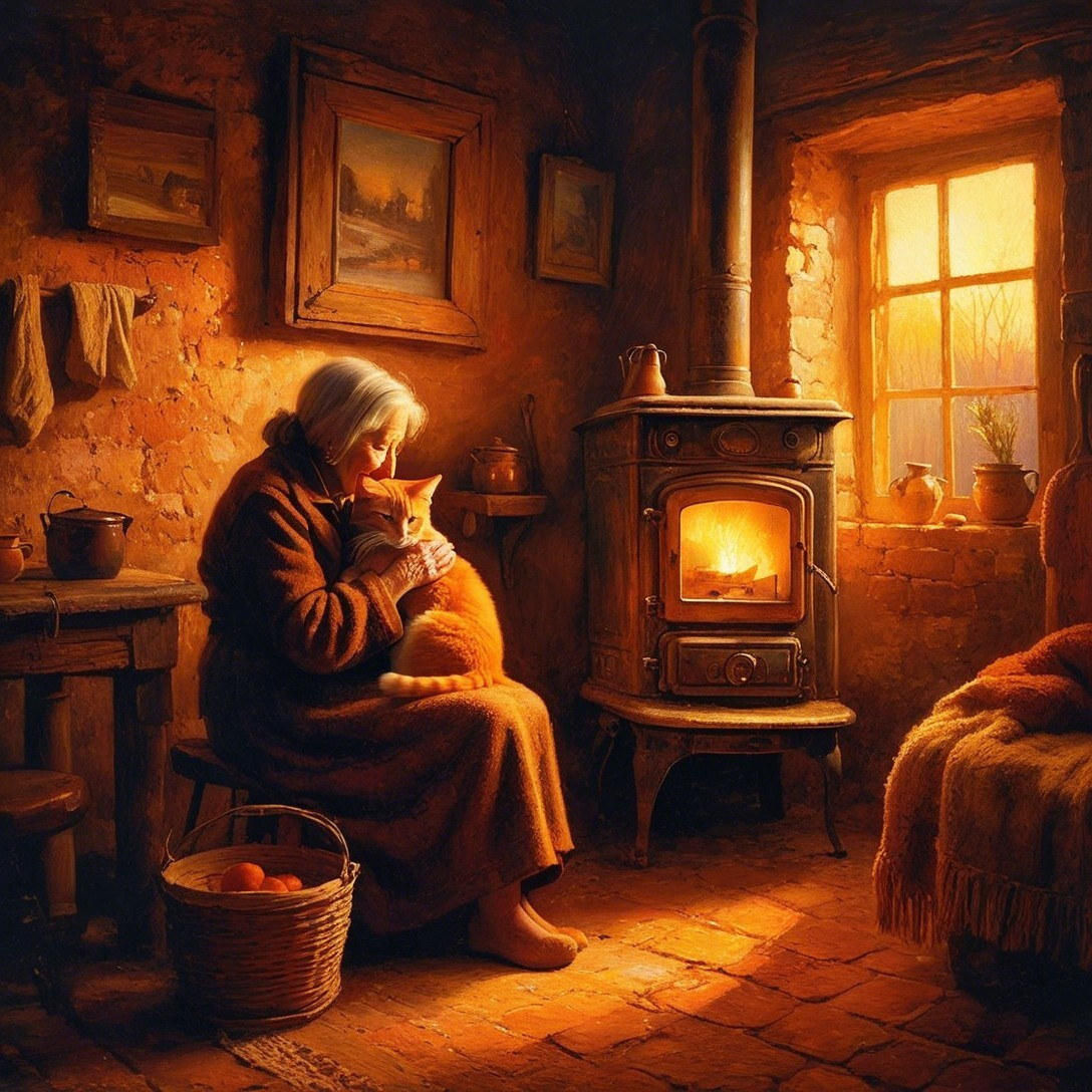 Elderly Woman with Cat in Cozy Rustic Room Setting