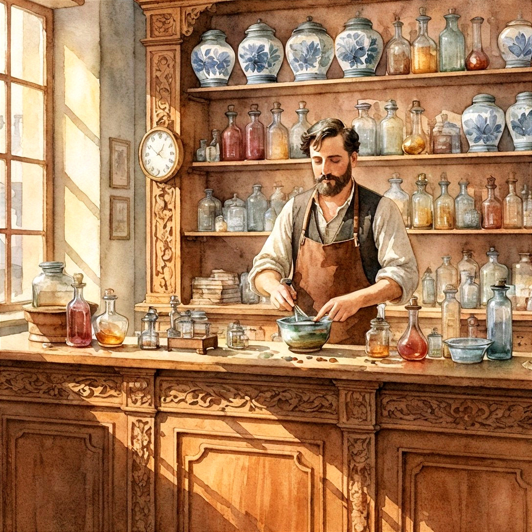 Bearded Man Mixing Ingredients in Vintage Apothecary