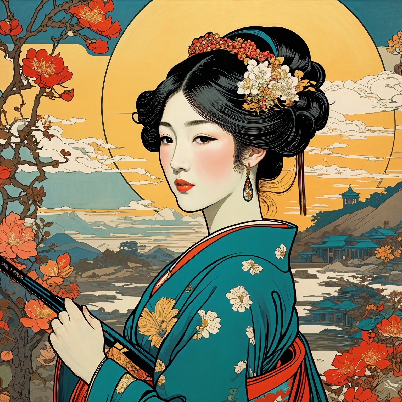 Serene Female Figure in Kimono with Floral Designs