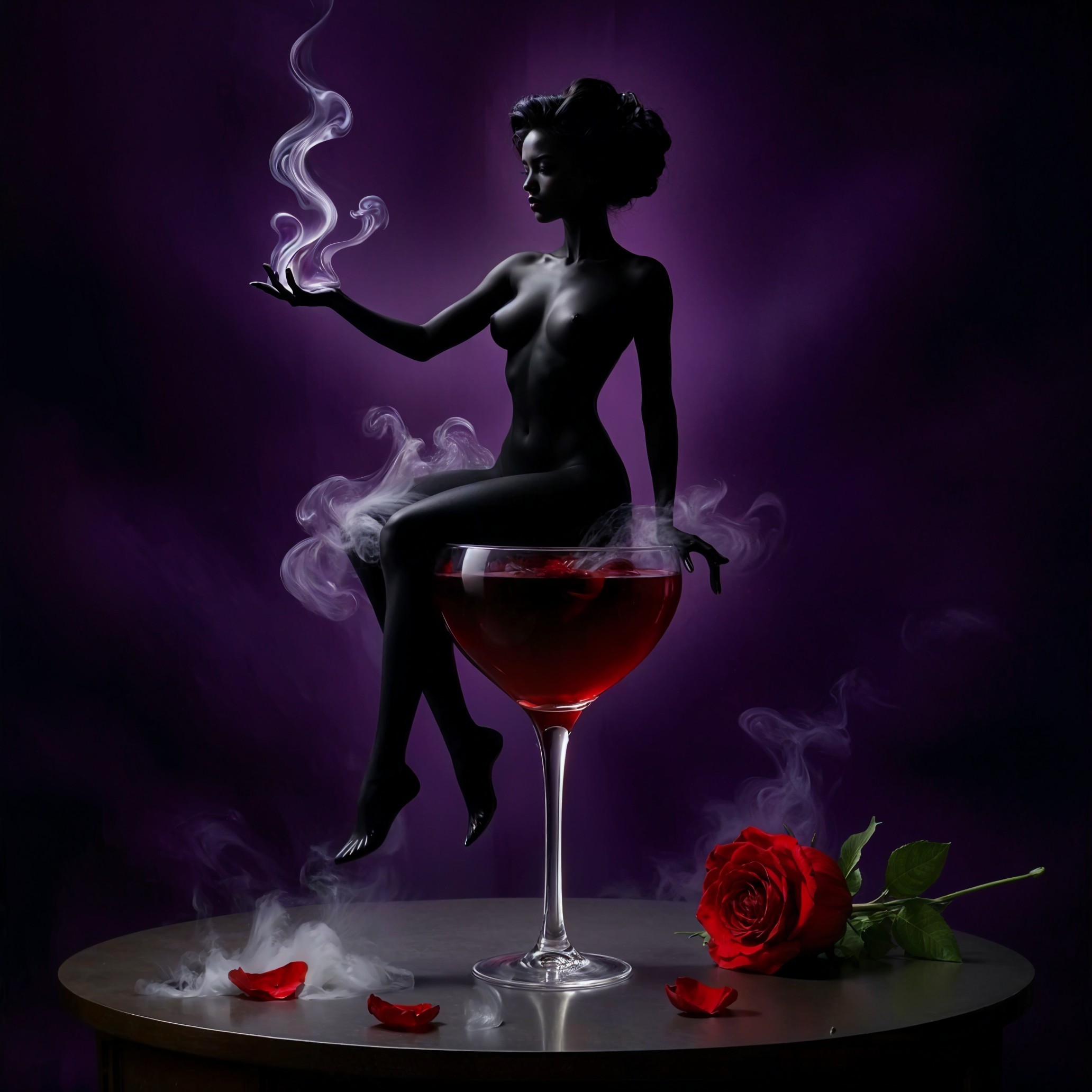 Silhouette of a nude figure with red glass and rose