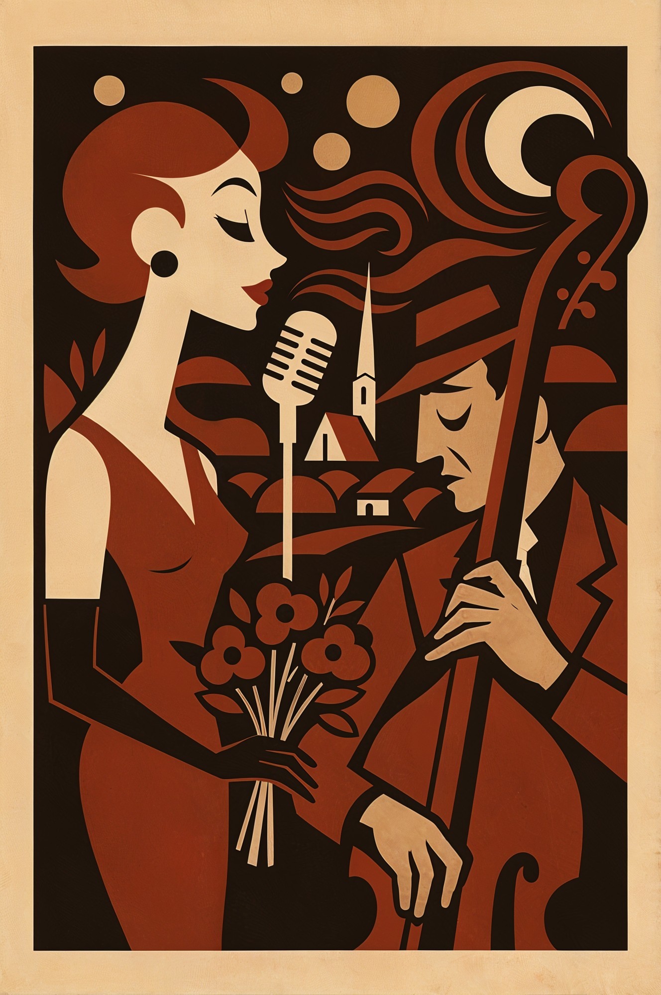 Retro Scene with Woman Singing and Double Bass Player