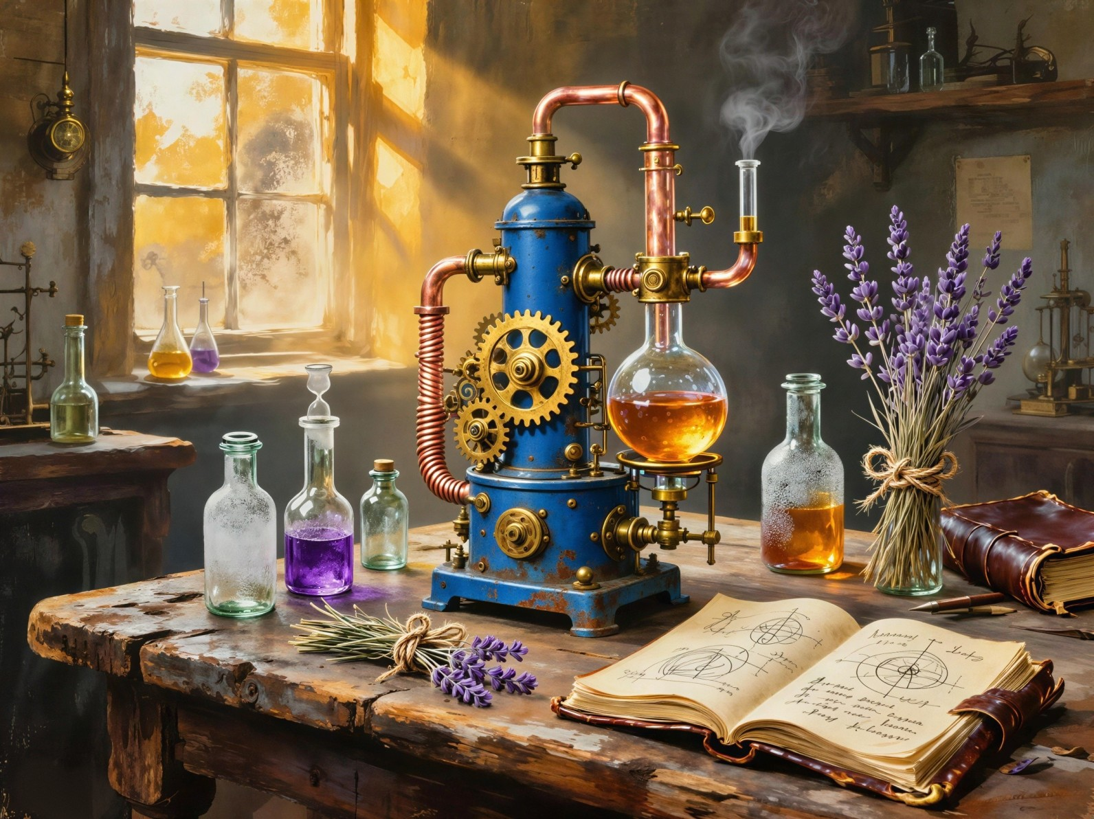 Steampunk Alchemist's Workshop with Distillation Apparatus