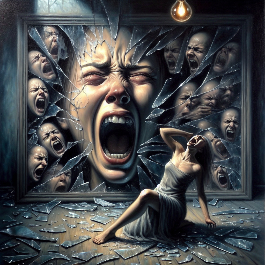 Woman Seated Among Shattered Glass and Ghostly Faces