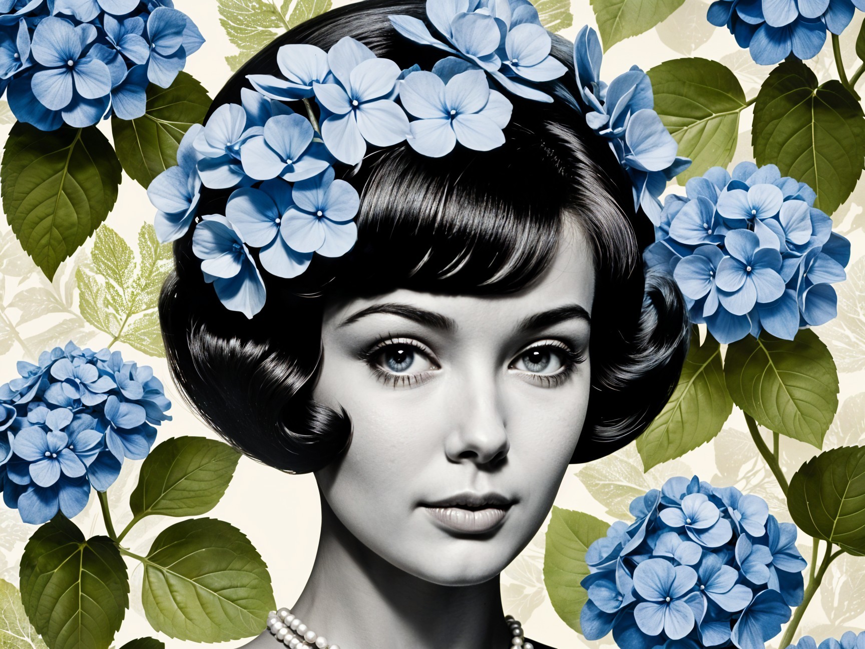 Vintage Portrait of Woman with Blue Hydrangeas