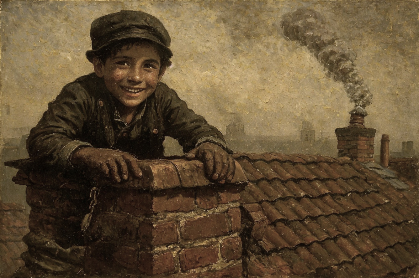 Young Boy in Cap by Brick Chimney in Cityscape