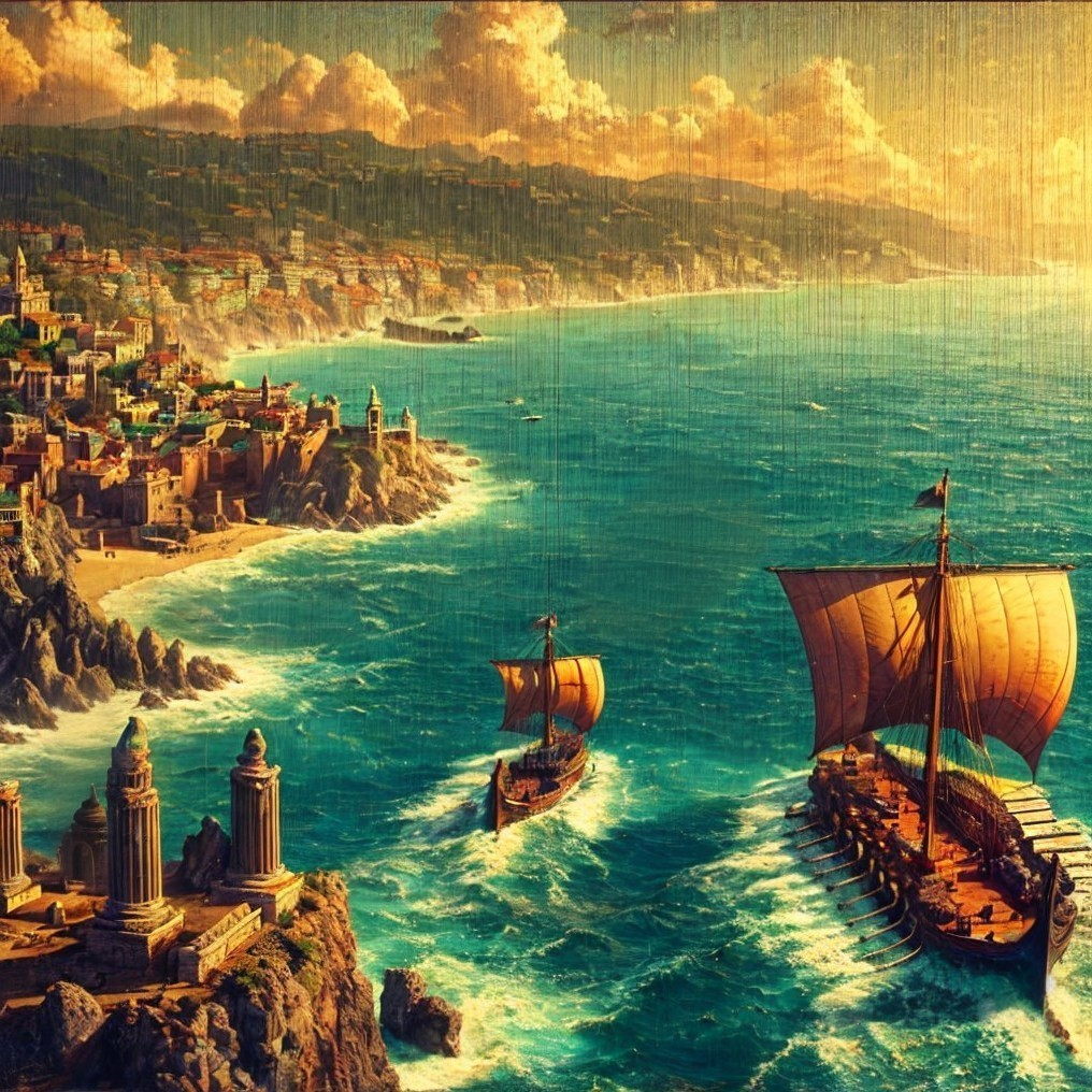 Coastal Scene with Ancient Ships and Classic Architecture