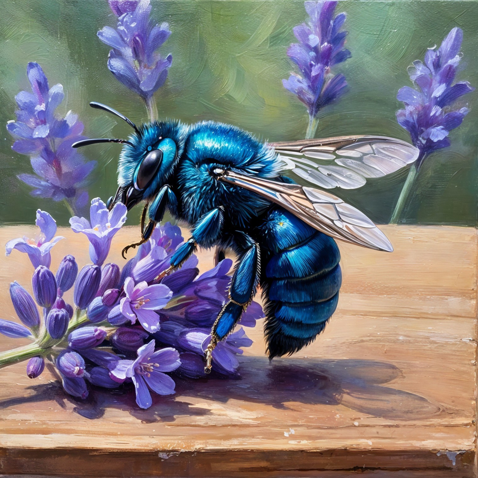 Blue Bee on Lavender Flowers in Serene Natural Setting