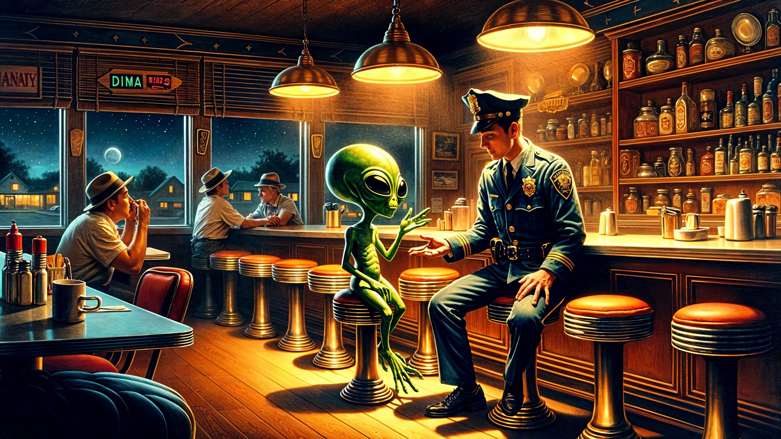 Police Officer and Alien Converse in Retro Diner