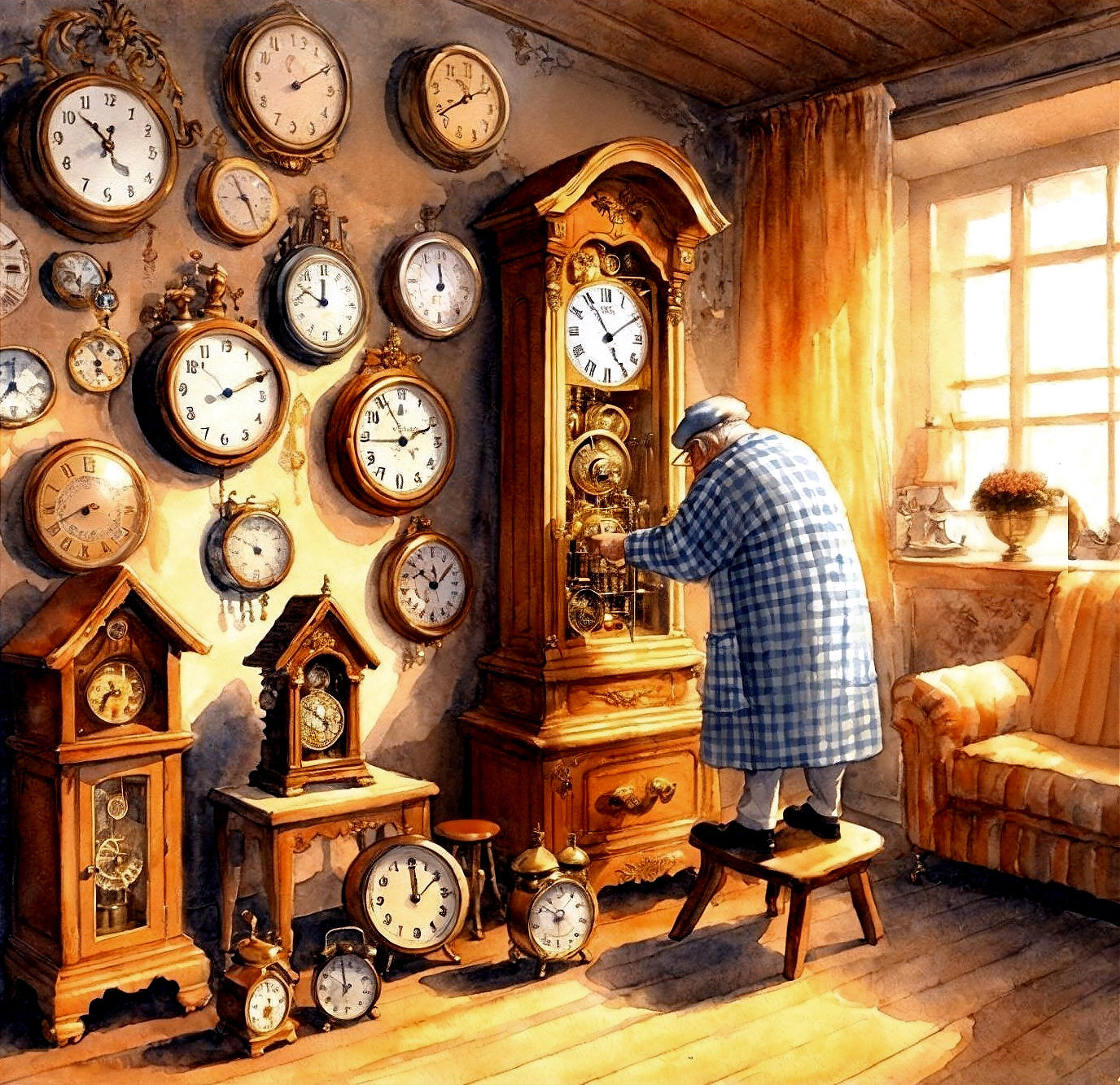 Cozy Room with Clocks and Elderly Man Adjusting Time