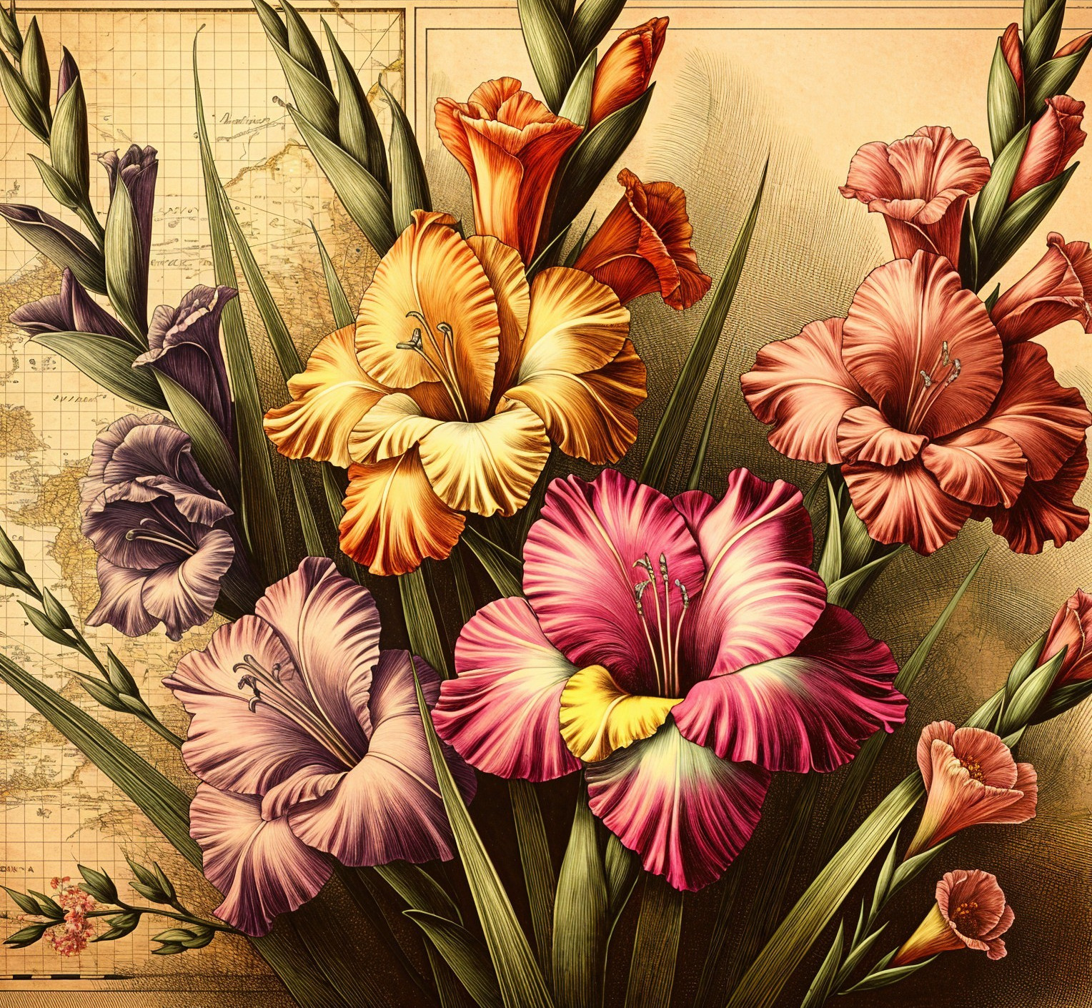 Vibrant Gladiolus Bouquet with Vintage Map Background