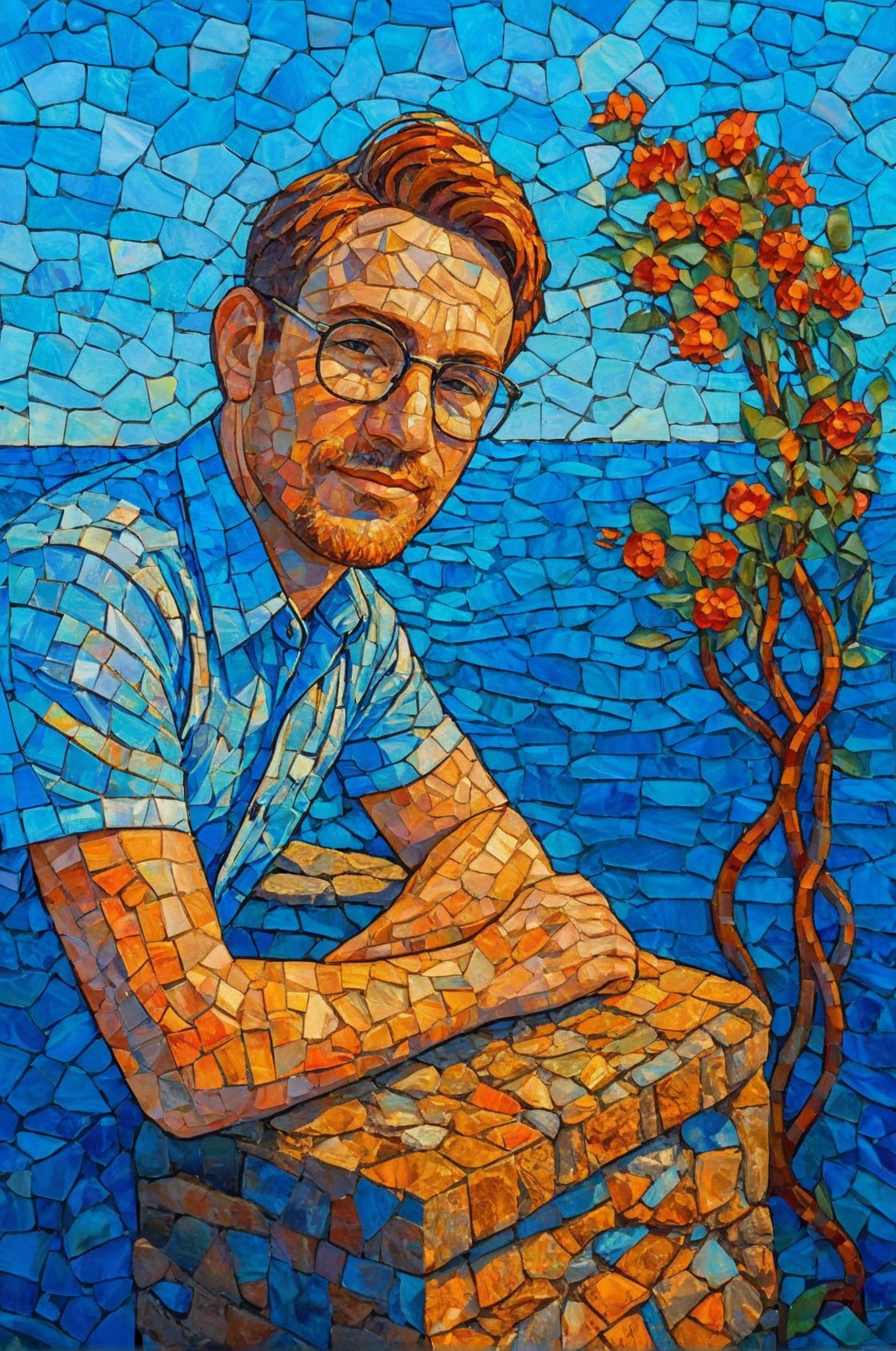 Vibrant Mosaic Artwork of Young Man by Ocean