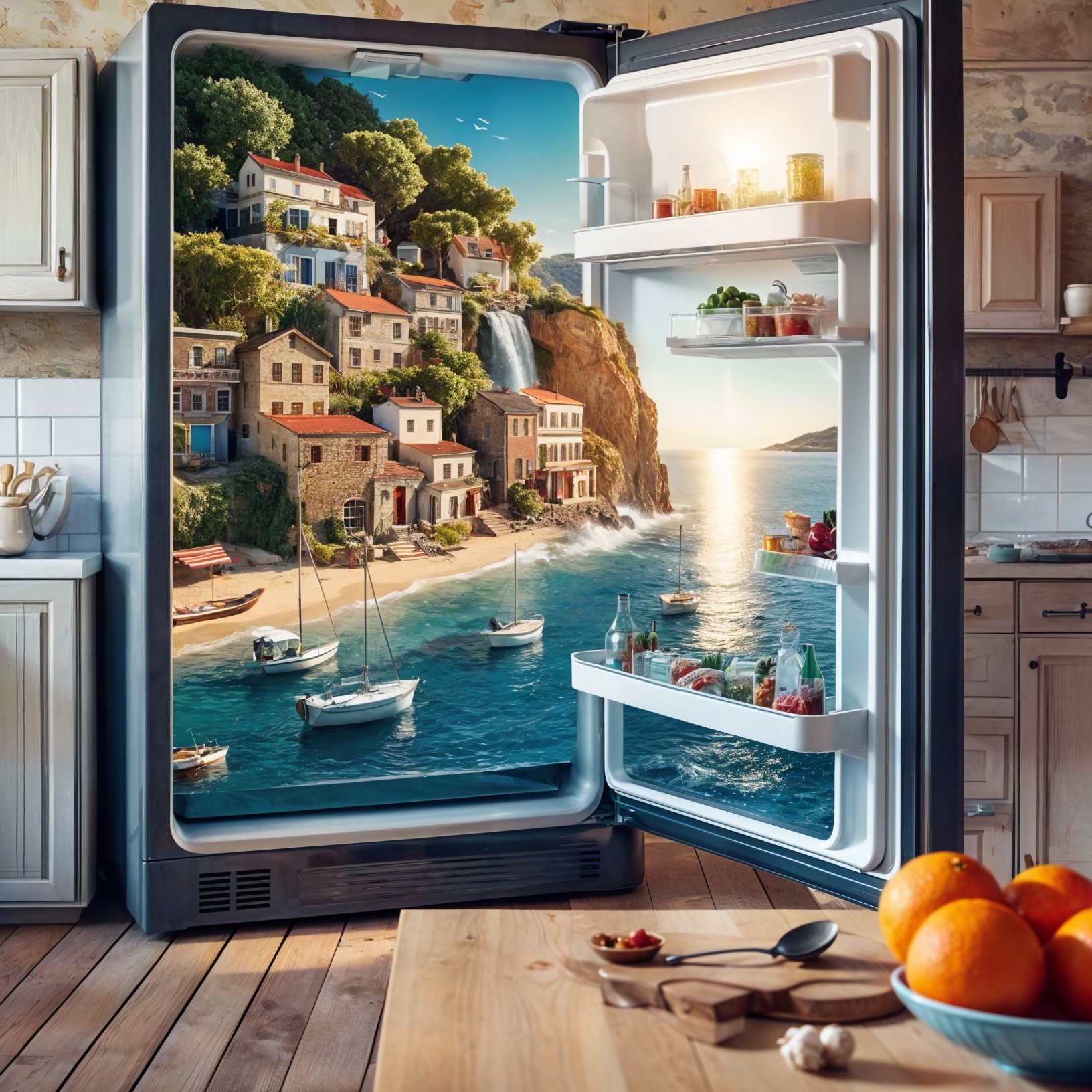 Refrigerator with Coastal Village Mural and Fresh Produce