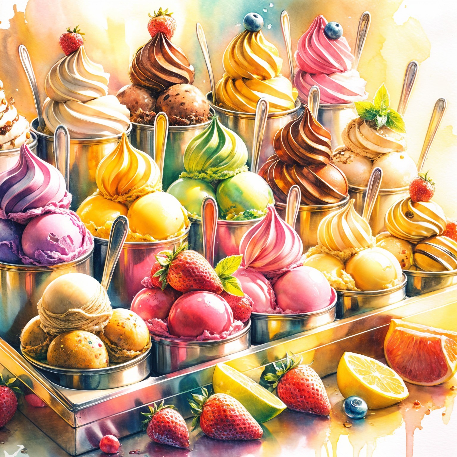 Colorful Ice Cream Cones with Fresh Fruit Toppings