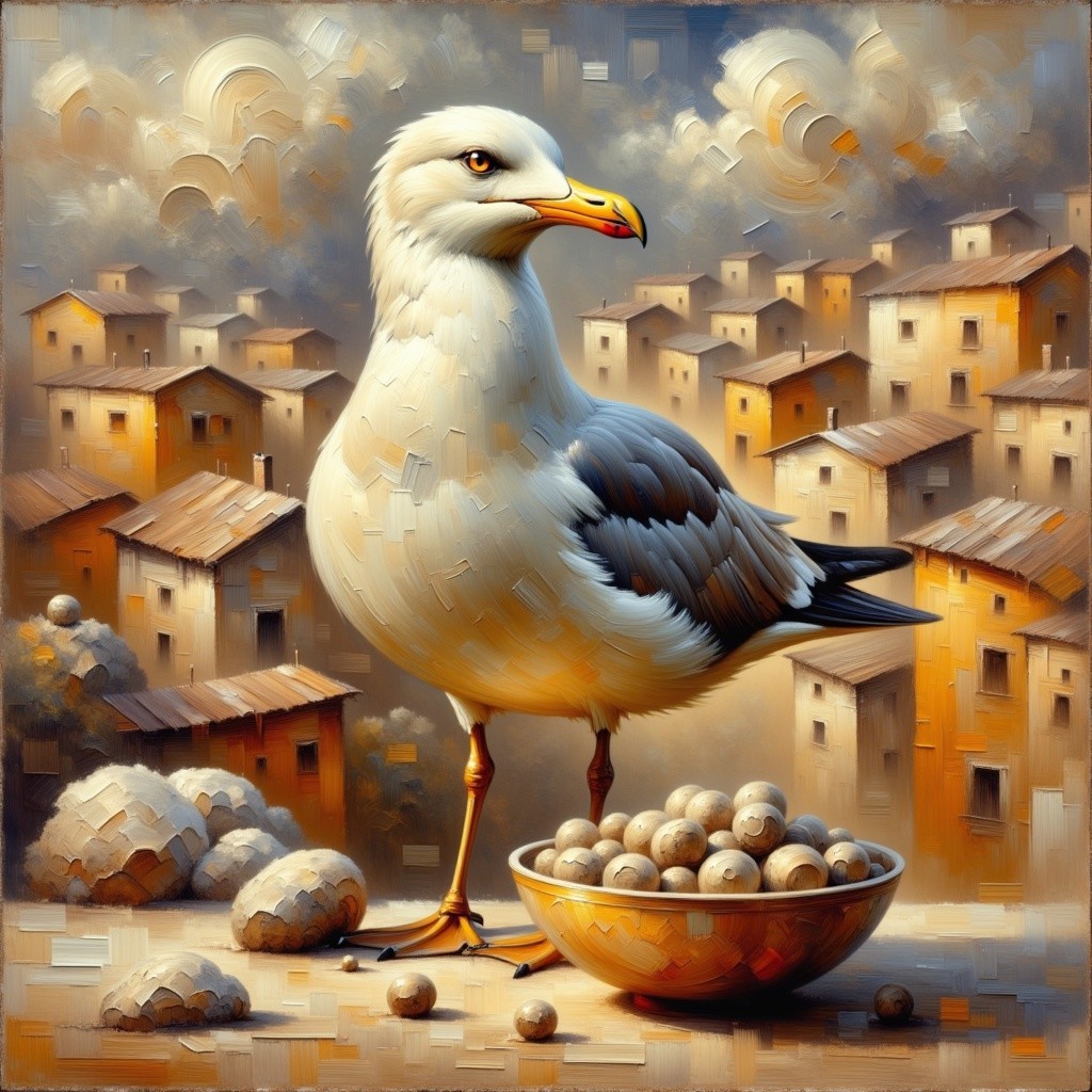 Seagull on Ledge with Eggs and Abstract Houses