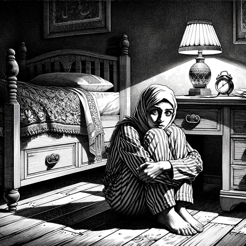 Girl in Striped Pajamas in Dimly Lit Bedroom Setting