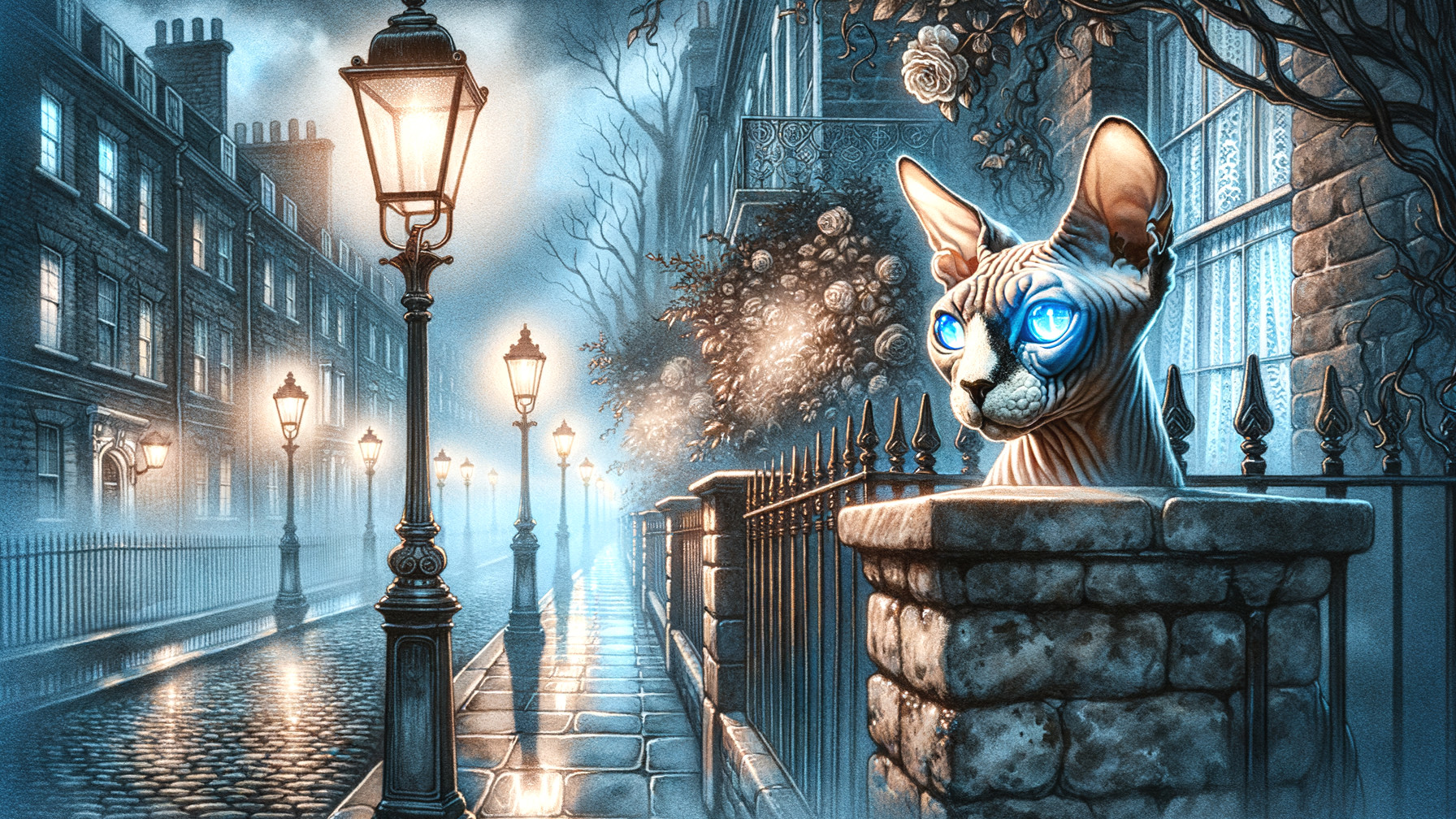 Whimsical Foggy Street Scene with Sphynx Cat and Gas Lamps