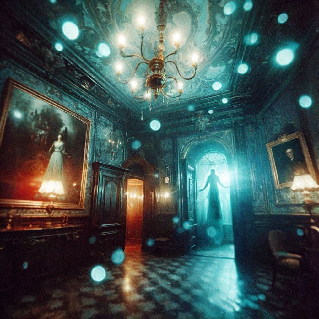 Elegant Room with Vintage Furniture and Eerie Orbs