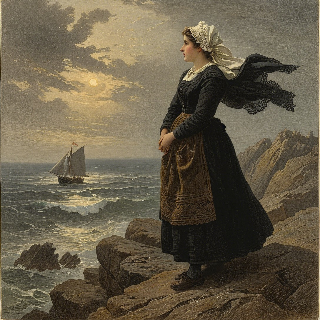 Young Woman on Cliffs Overlooking Turbulent Sea